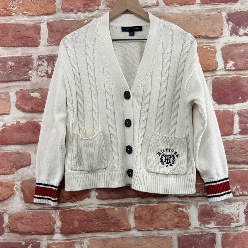 Vintage Tommy Hilfiger Cardigan Womens Medium Crest Y2k Preppy Old Money Sweater